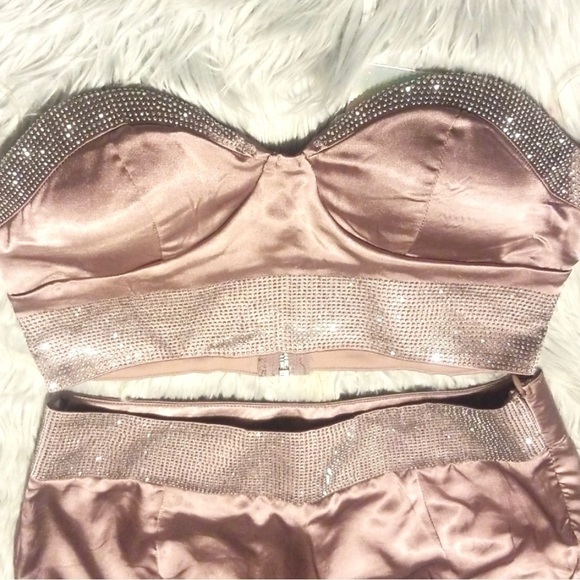 Satin Mauve Dusty Rose Pink Sequin Diamond Trim Two Piece Top and Skirt Set (S) - Picture 5 of 12